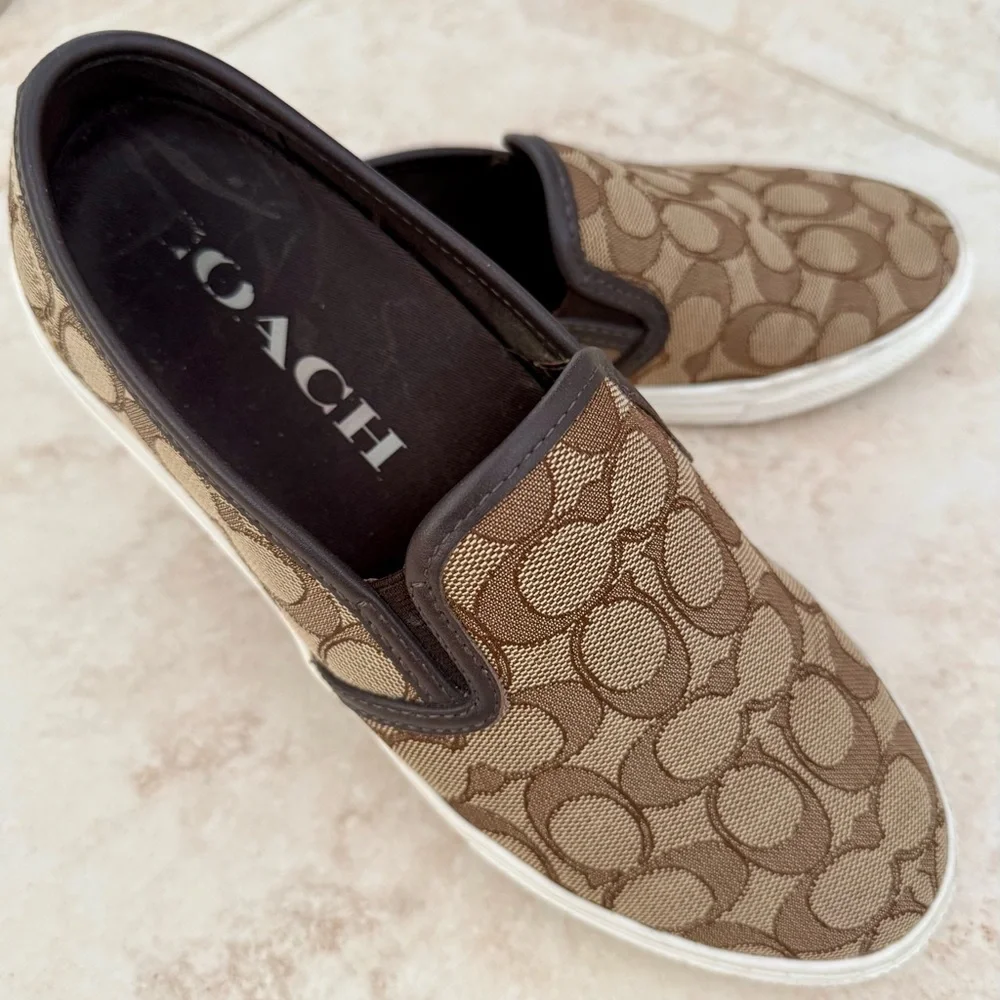 Coach Signature Tan and Brown Slip-Ons - Picture 1 of 3